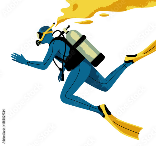 An adventurous scuba diver exploring the underwater world, showcasing the thrill of diving and the beauty of marine life through an energetic and vibrant illustration.