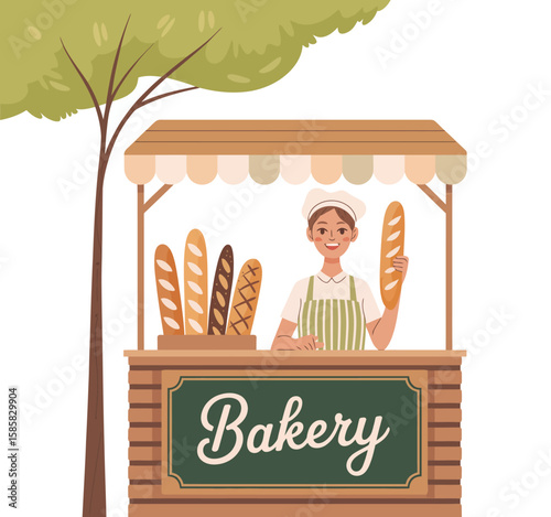 An inviting bakery stand featuring a smiling baker showcasing an array of fresh-baked bread, offering a warm and delightful experience to customers in a vibrant community space.