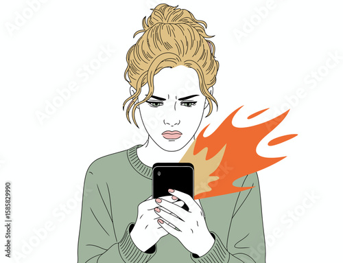 This illustration portrays a girl intensely focused on her smartphone, which appears to be heated and emitting flames, capturing the contemporary tension of digital life.
