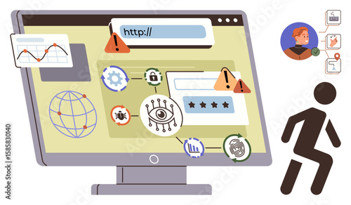Computer screen with hacking alerts, login fields, malware symbols, cyber threats, and a fleeing figure. Ideal for cybersecurity, online privacy, hacker, risk technology fraud digital safety