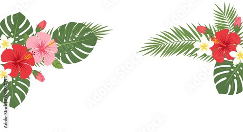 Colorful Tropical Floral Arrangement with Hibiscus, Palm Leaves, and Plumeria