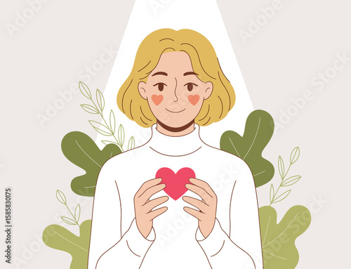 An engaging illustration featuring a woman lovingly holding a heart, symbolizing compassion, kindness, and emotional well-being in a bright, tranquil setting.
