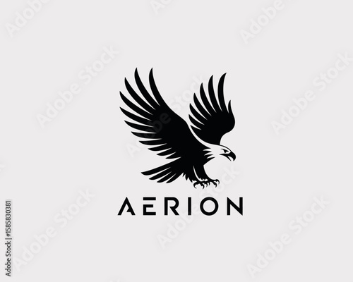 A bold logo showcasing a flying eagle in mid-flight, representing freedom and power, suitable for aviation, sports, and nature conservation organizations.