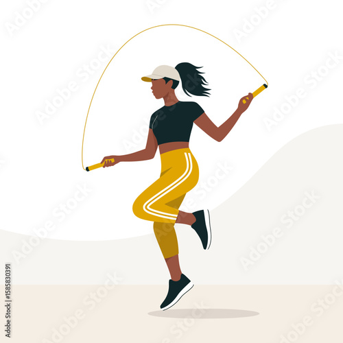 The image depicts a woman energetically jumping rope with athletic clothing, showcasing an active lifestyle and dedication to fitness and health, promoting a positive lifestyle.