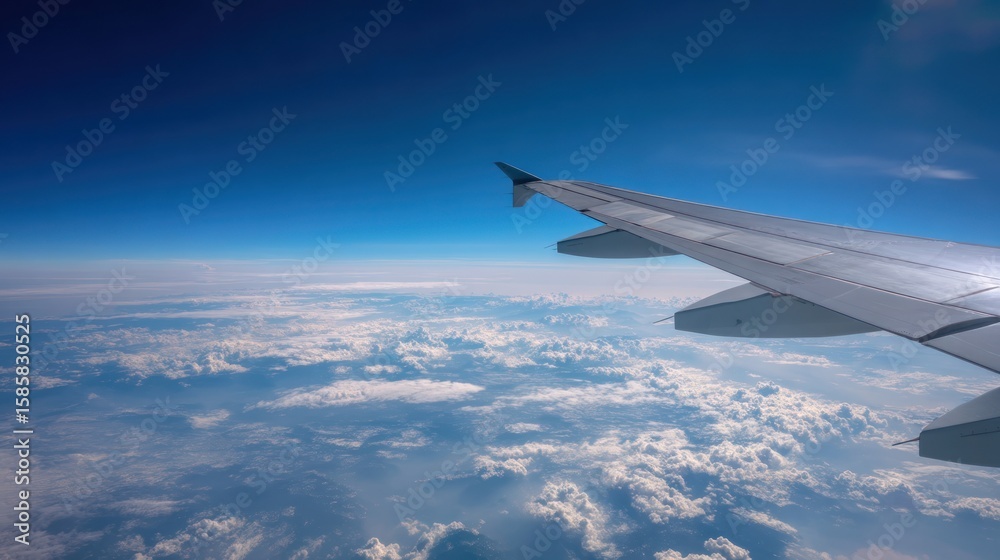 Obraz premium Airplane wing and vast blue sky seen from window seat, bright daylight and minimal clouds