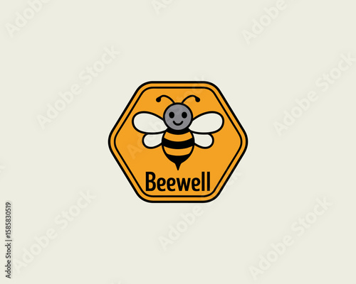 A charming logo featuring a cheerful bee encapsulated in a hexagonal shape, representing a wellness brand focused on positivity, health, and sweetness in life.