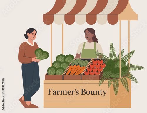 An inviting farmer's market scene featuring fresh vegetables with smiling vendors, showcasing community spirit, healthy living, and the joy of local produce shopping.