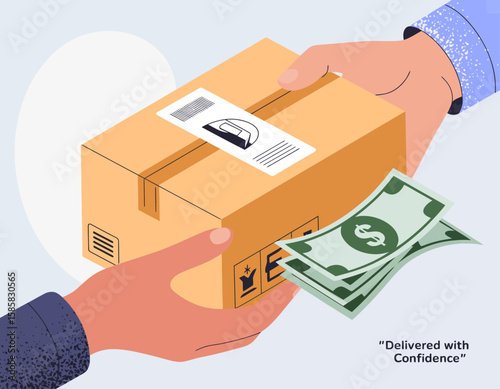 An engaging illustration showing a person delivering a package for cash payment, representing commerce and the modern exchange of goods in a digital economy.