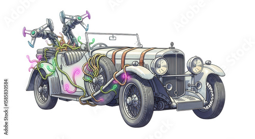 A fantastical vintage car with glowing neon accents, robotic arms, and a transparent background offers a whimsical, creative design element.