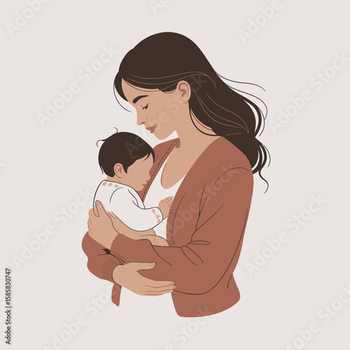 This heartwarming illustration captures the tender moment between a mother and her baby, emphasizing love, warmth, and nurturing in family life and motherhood.