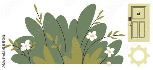 Locked door with keypad entry next to vast green leaves, white flowers, and gear icon. Ideal for security, technology, nature, privacy, settings, environment simple flat metaphor