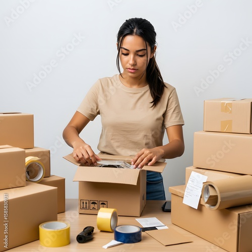 A young woman carefully packing items into cardboard boxes, preparing for a move. The scene evokes a sense of anticipation and new beginnings