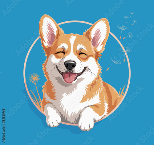 A cheerful corgi with a joyful expression poses on a bright blue background, capturing the essence of happiness, playfulness, and love in pets and companionship.