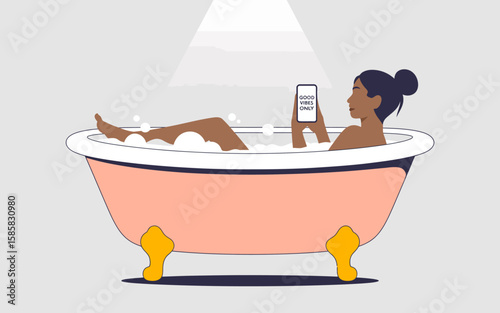 This illustration depicts a relaxing woman lounging in a bath, holding her phone to share positive vibes, encapsulating self-care and modern wellness trends.