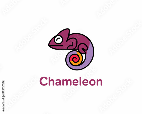 A vibrant, stylized logo of a chameleon features a curled tail and bright colors, highlighting its unique characteristics and playful nature in a modern design.