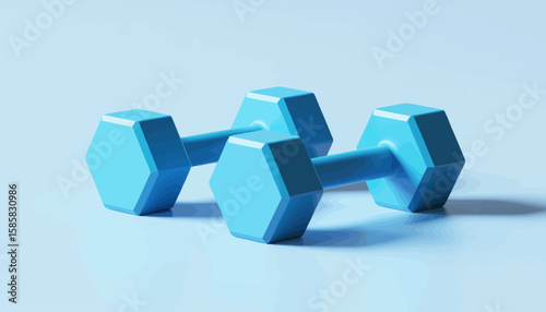 A pair of bright blue dumbbells rests on a smooth light background, symbolizing fitness, strength, and a healthy lifestyle in a clean and modern design.