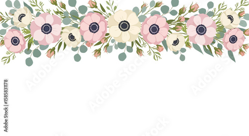 Elegant Floral Border Featuring Pink and Cream Anemone Flowers