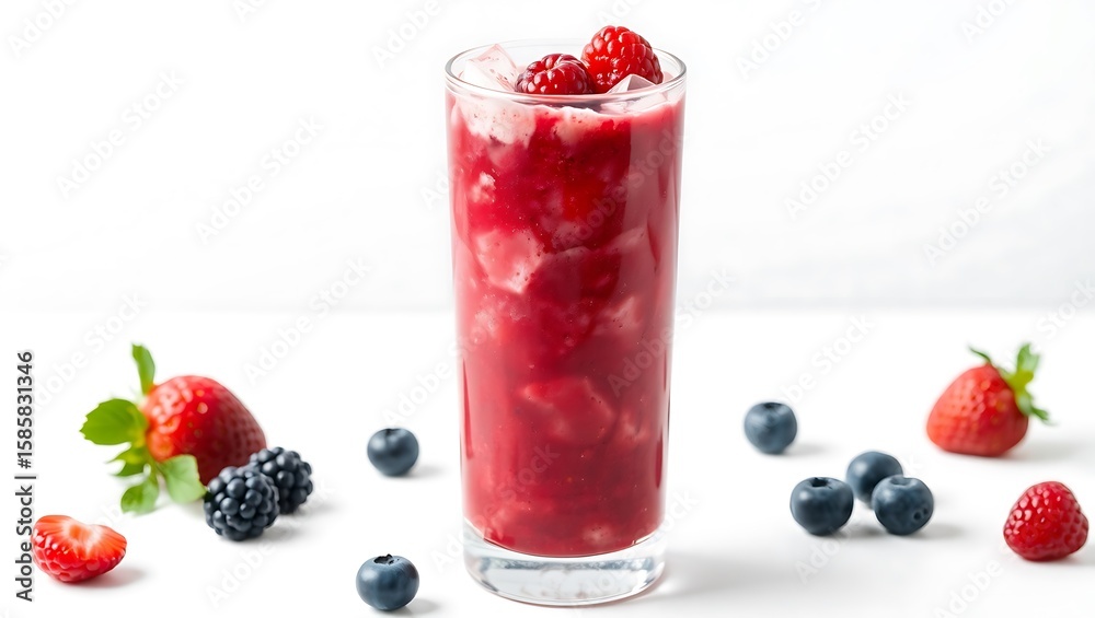 Chilled berry smoothie in tall clear glass with fresh berries, isolated on white, professional stock image Chilled berry smoothie in tall clear glass with fresh berries, isolated on white, professional stock image