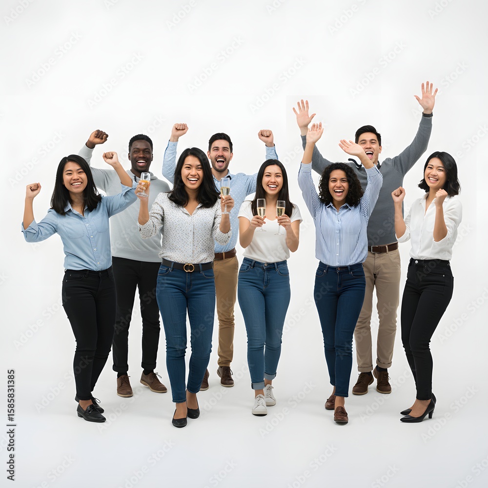 Obraz premium A diverse group of people celebrating, arms raised high