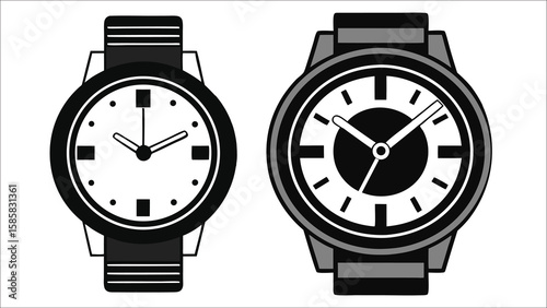 Black and white wristwatch vector illustration showing classic clock face with hour minute and second hands