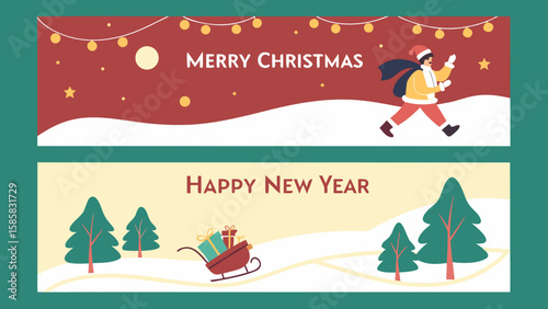 Colorful holiday banner featuring Santa Claus and a sleigh with gifts, celebrating Christmas and New Year.