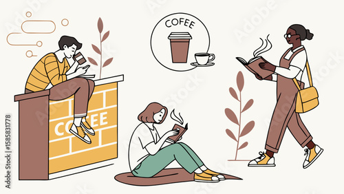 Diverse group enjoying coffee moments in a cozy café setting, each engaged in their own activities.
