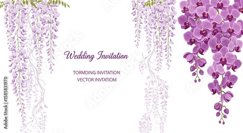 Elegant Purple Wisteria and Orchid Floral Wedding Invitation Design