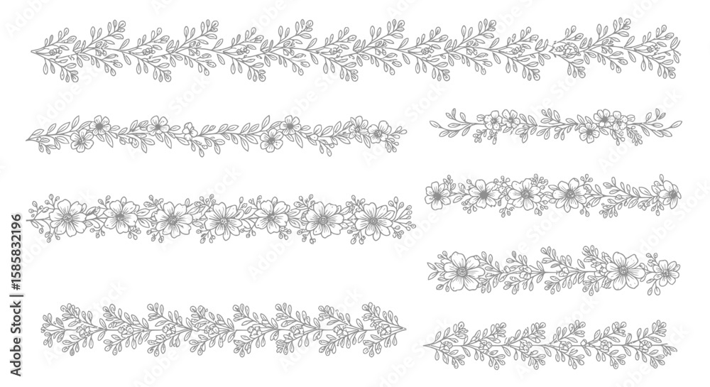 Obraz premium Floral Border Collection: Delicate Botanical Dividers with Intricate Leaf and Flower Designs