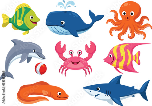 Colorful cartoon sea creatures, ocean animal illustration, underwater nature concept, playful marine life, kids educational artwork, vibrant aquatic design, vector graphic