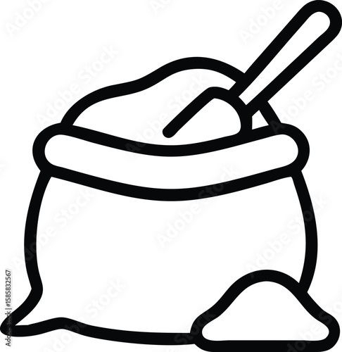 Outline illustration of bag with flour and scoop for recipe design