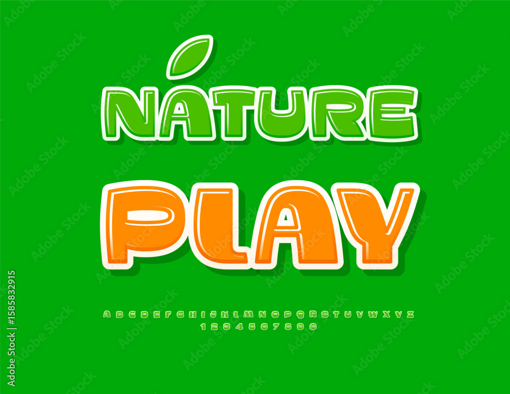 Fototapeta premium Vector Modern template Nature Play. Artistic Green Font. Glossy Alphabet Letters and Numbers set.
