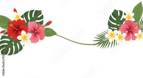Tropical Floral Arrangement with Hibiscus, Plumeria, and Monstera Leaves