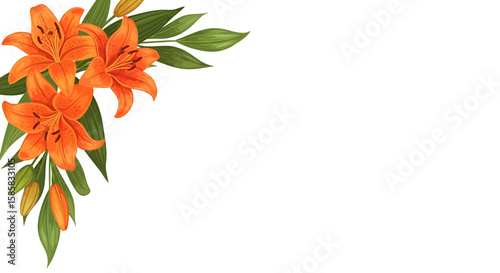 Vibrant Orange Lily Corner Arrangement with Green Leaves and Buds Illustration