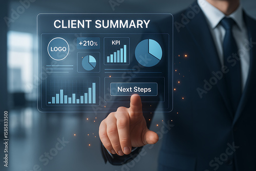 A businessman is interacting with a digital client summary interface