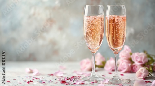 Two champagne flutes of ros? bubbly, pink roses, confetti
