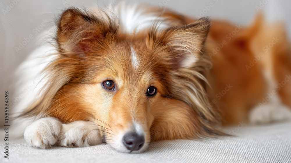Naklejka premium Close-up portrait of a fluffy dog with a golden coat, resting comfortably on a soft surface, showcasing its expressive eyes and relaxed demeanor in a cozy indoor environment