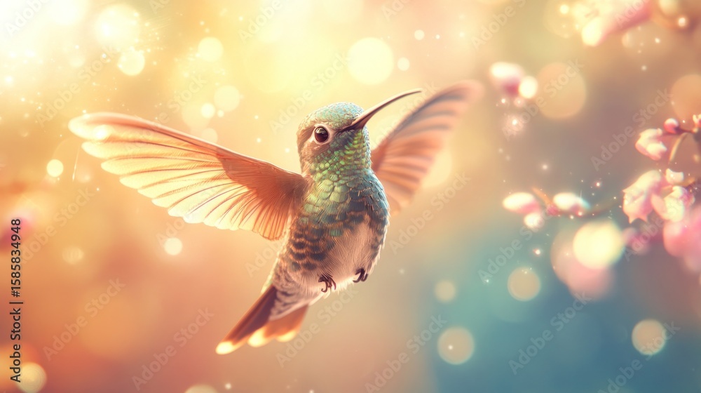 Obraz premium Hummingbird in flight amongst blossoms