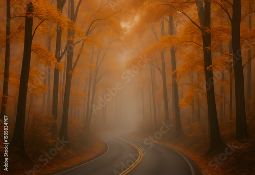 Cinematic Foggy Autumn Forest Road with Golden Leaves
