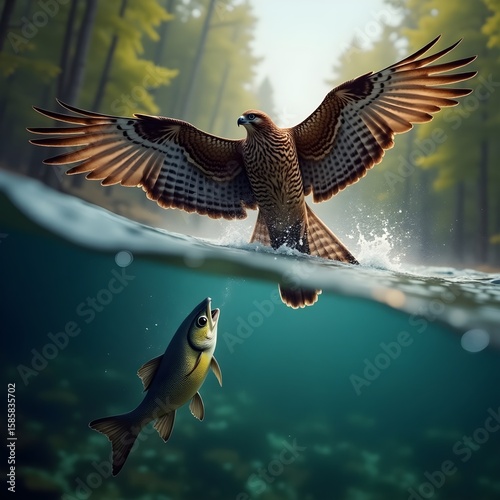 Majestic Hawk Catching Fish Mid-Hunt