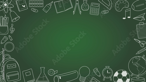 Horizontal mockup of back to school. Border with stationery and school items and copy space. Doodle icons frame on green chalkboard. Banner, vector graphics