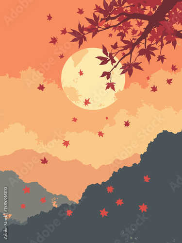 Chongyang Festival - stylized nine peaks silhouette with golden sun and falling leaves in gold, red, brown, and slate