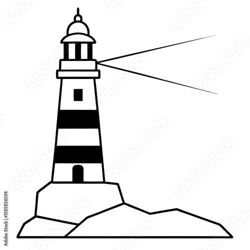 Minimalist line art of a lighthouse standing on rocks with a light beam isolated on white background