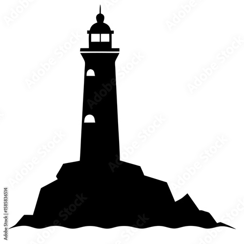 Striking silhouette of a tall lighthouse standing on a rocky shore isolated on white background