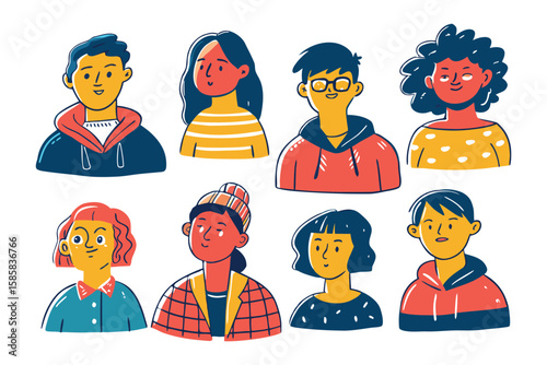 Diverse Characters Illustration: A vibrant illustration showcasing a group of diverse characters, each with unique expressions and styles, embodying individuality and community.