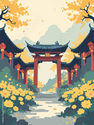 Chongyang Festival - mountain temple courtyard filled with yellow chrysanthemums and lanterns in mustard, white, charcoal, and moss