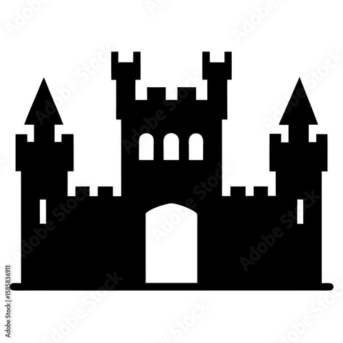 Black silhouette of a medieval fortress wall with battlements isolated on white background