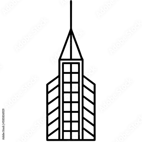 Minimalist line art of a tall skyscraper with an antenna mast isolated on white background