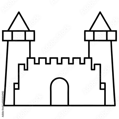 Detailed line art illustration of a medieval fortress wall with battlements isolated on white background