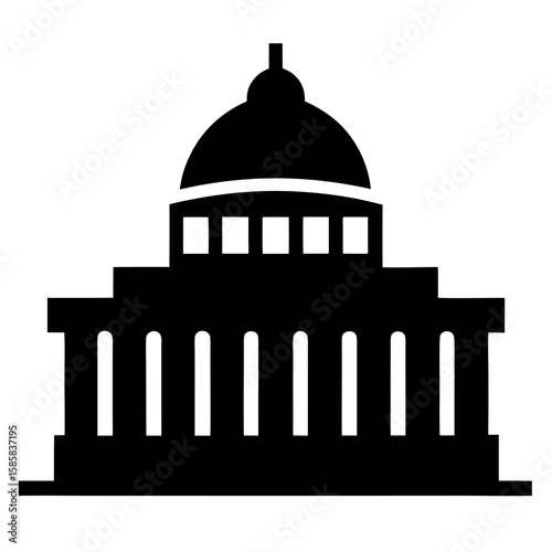 Government building silhouette with a prominent dome isolated on white background