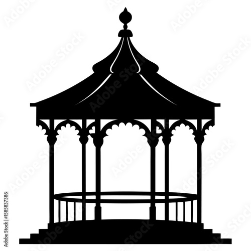 Elegant silhouette of a gazebo with a decorative roof isolated on white background